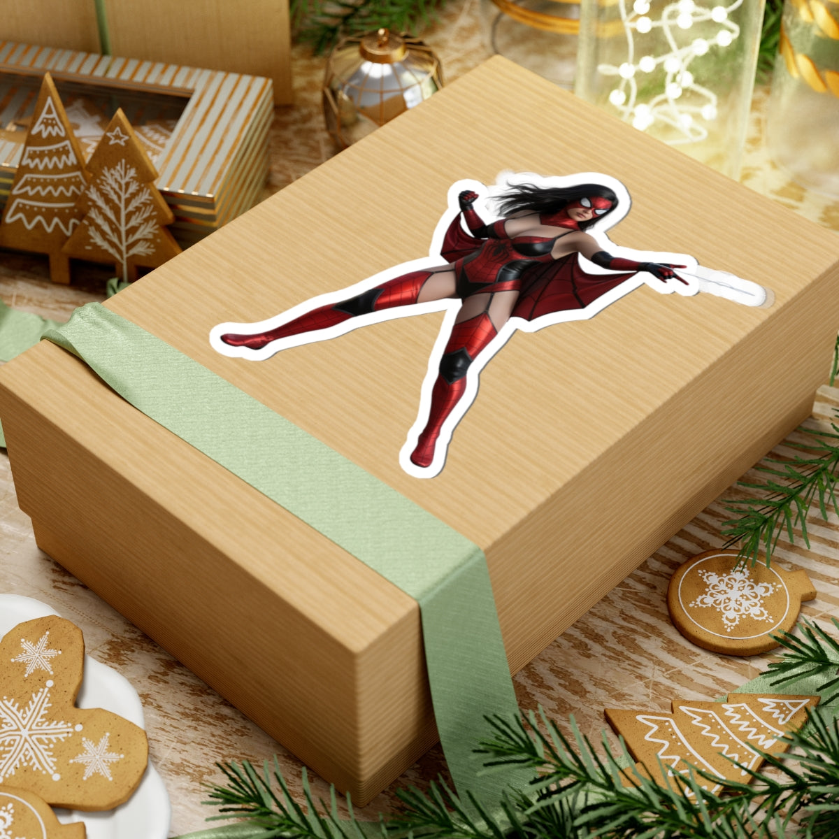 Spider Woman Sticker – Comic Heroine Vinyl Sticker for Laptops & Indoor Decor on a gift box, glossy red comic-style heroine laptop sticker