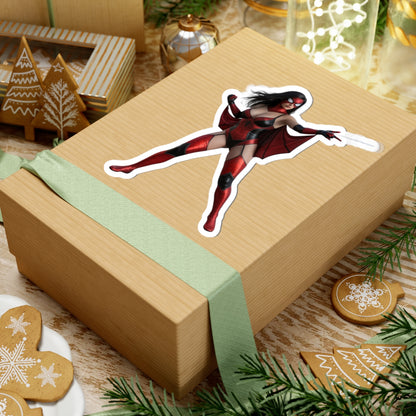 Spider Woman Sticker – Comic Heroine Vinyl Sticker for Laptops & Indoor Decor on a gift box, glossy red comic-style heroine laptop sticker