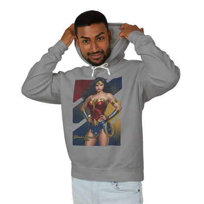Wonder Woman Hoodie | DC Comics Hoodie | Anime Warrior Goddess Pullover gray pullover on smiling man showing front anime-style Wonder Woman print