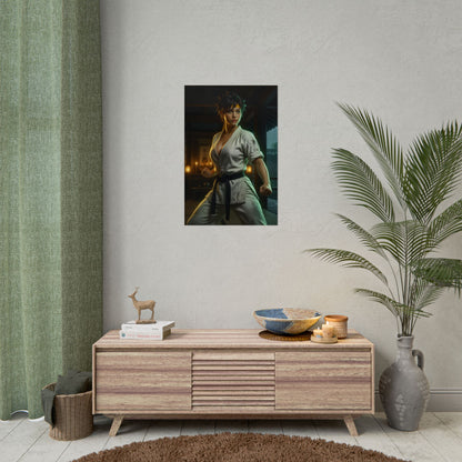 Makoto Street Fighter Poster – Iconic Martial Artist Heroine Wall Art showing Makoto in white gi, high-resolution gaming room wall art