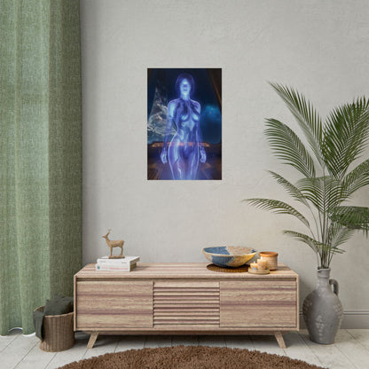 Cortana Halo Poster – Iconic Sci-Fi AI Heroine Wall Art for Gamer Decor hanging in modern gaming room, ultra-high resolution sci-fi wall art