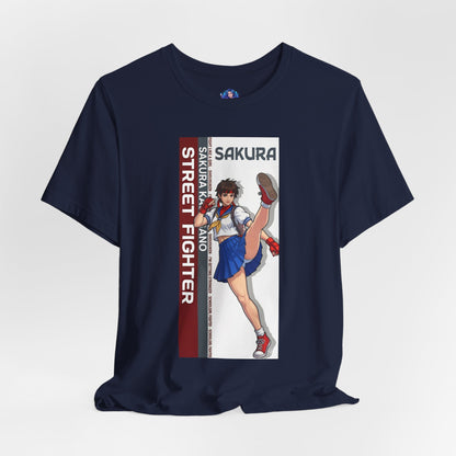 Sakura Kasugano T-Shirt | Street Fighter Anime Tee for Gamers & Fighting Game Fans - navy tee with Sakura high kick anime print