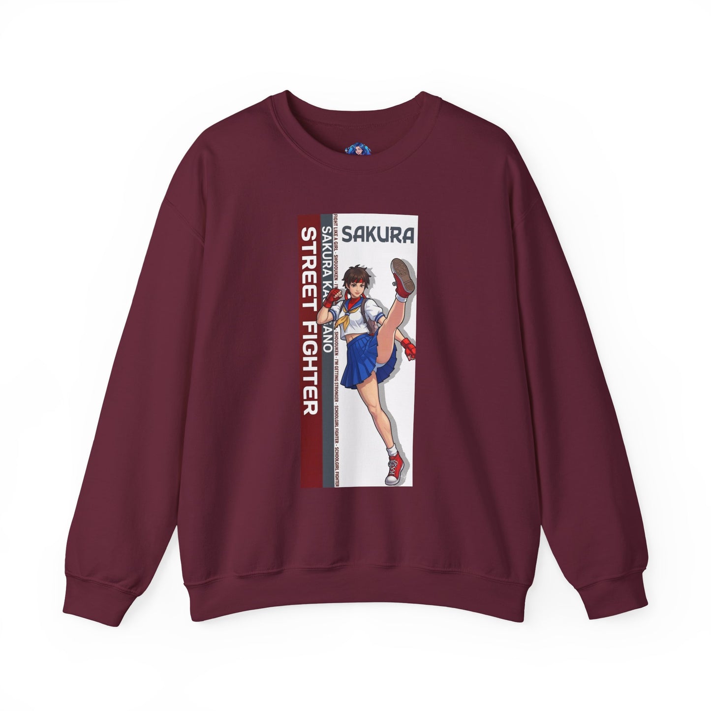 Sakura Sweatshirt, Street Fighter Crewneck, Classic Fighting Game Apparel for Fans - maroon crewneck with Sakura artwork