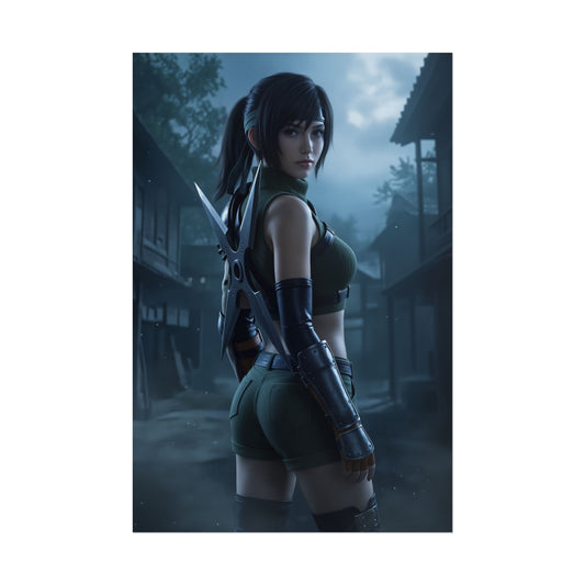 Yuffie Poster, Final Fantasy Art Print – Iconic Ninja RPG Heroine, ultra-high-res poster of energetic ninja heroine in moody village