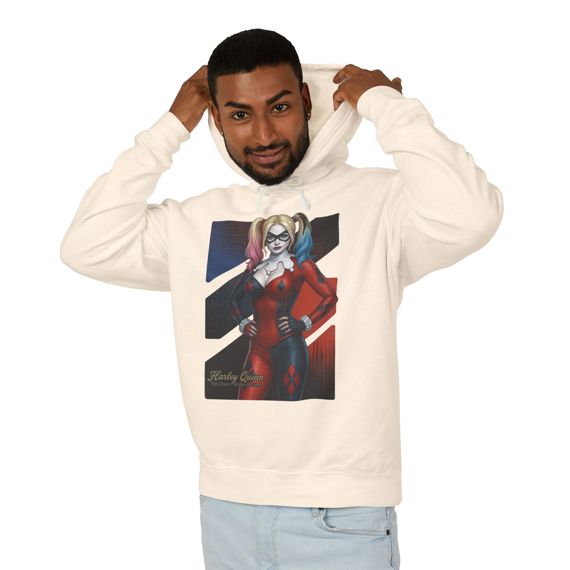 Harley Quinn Hoodie | DC Comics Hoodie | Anime Villain Girl Pullover - cream cotton pullover with bold Harley Quinn anime illustration