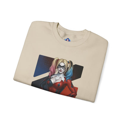 Harley Quinn Sweatshirt, DC Comics Crewneck, Iconic Comic Apparel for Fans - folded cream crewneck with Harley Quinn red-and-black character art