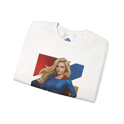 Supergirl Sweatshirt, DC Comics Crewneck, Iconic Superhero Apparel for Fans — white crewneck with illustrated Supergirl in blue-and-red design