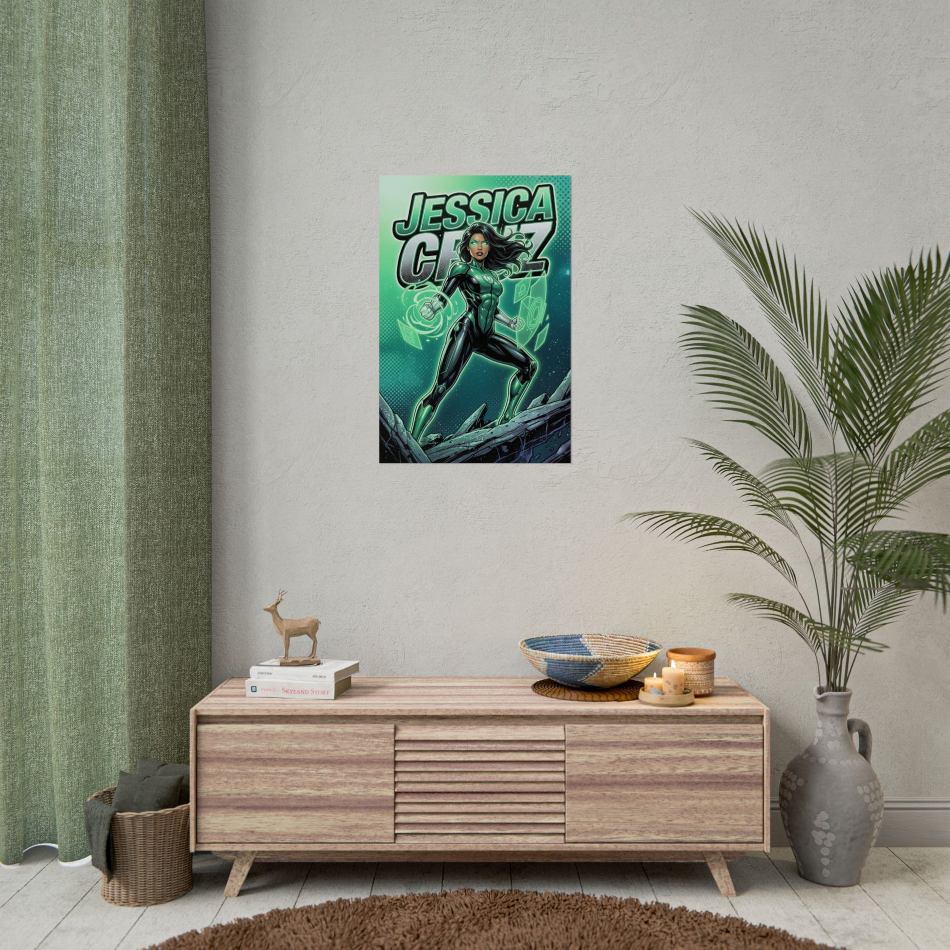 Jessica Cruz Poster / Jessica Cruz Wall Art / Jessica Cruz Art Print / DC Poster showcasing Jessica Cruz Green Lantern poster in modern living room decor