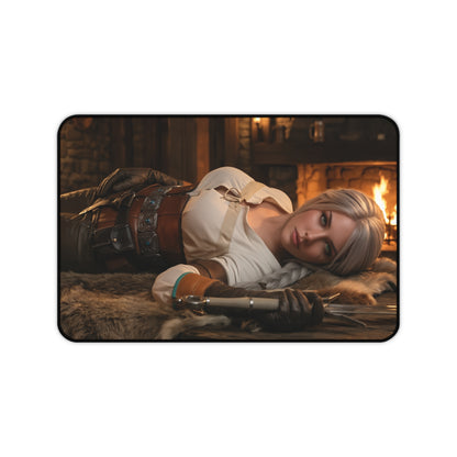 Ciri Gaming Mouse Pad, Witcher Desk Mat, Fantasy Heroine Gaming Setup featuring Ciri reclining by a hearth with dagger, HD artwork