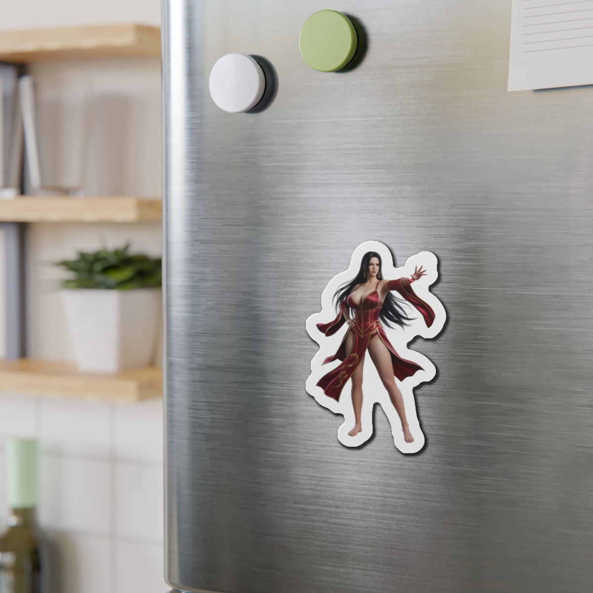 Boa Hancock Magnet – One Piece Anime Heroine Fridge Magnet, Pirate Decor on stainless fridge showing die-cut vinyl Boa Hancock anime magnet