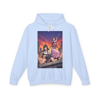Tifa & Aerith Hoodie | Final Fantasy Heroine Hoodie | Legendary Duo Pullover on light blue pullover featuring dynamic Tifa and Aerith streetwear artwork