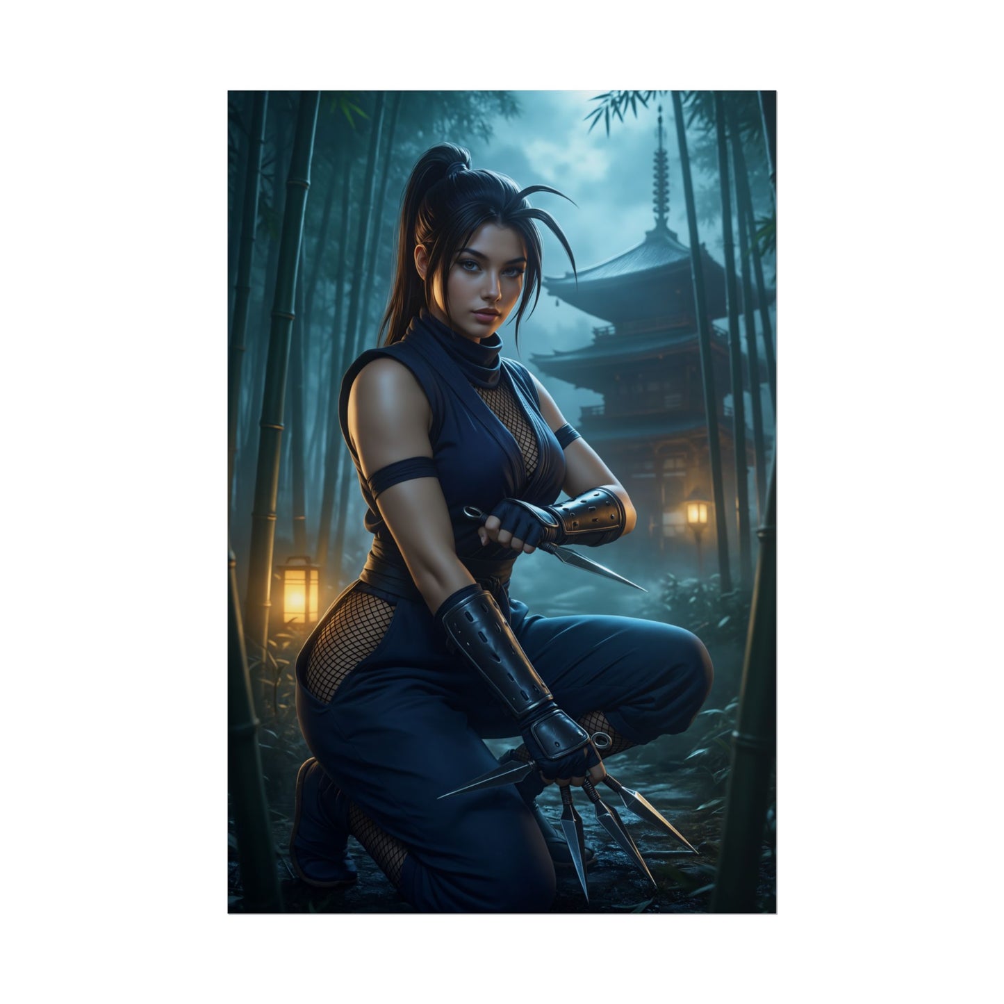Ibuki Street Fighter Poster – Iconic Ninja Herione Wall Art for Gamer Decor featuring Ibuki in bamboo temple at night