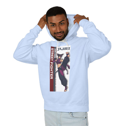 Juri Hoodie | Street Fighter Hoodie | Anime Fighter Girl Pullover model wearing light blue pullover with bold Juri anime illustration