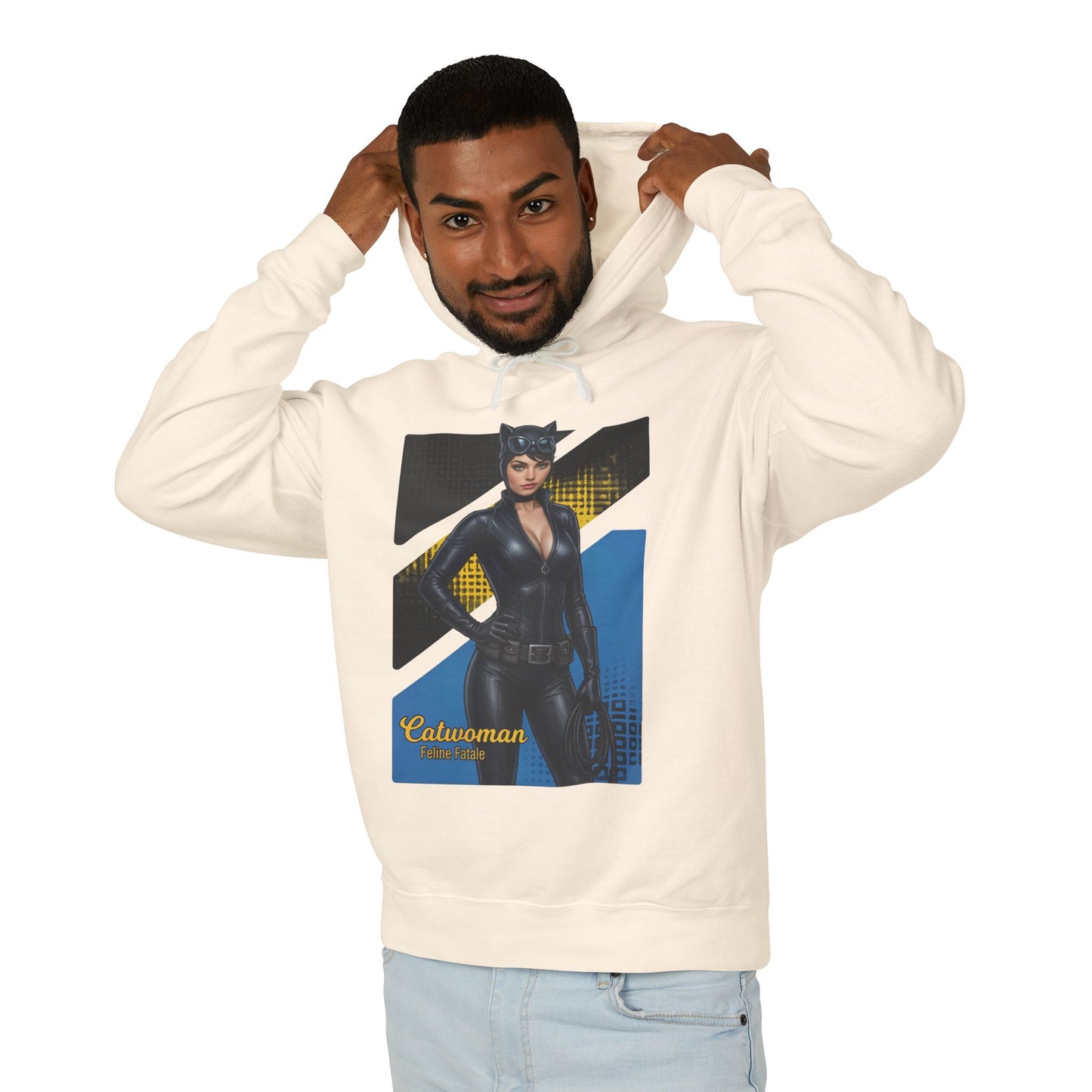 Catwoman Hoodie | DC Comics Hoodie | Anime Gotham Anti-Heroine Pullover - model wearing cream pullover with anime-style Catwoman graphic
