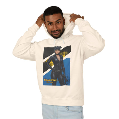 Catwoman Hoodie | DC Comics Hoodie | Anime Gotham Anti-Heroine Pullover - model wearing cream pullover with anime-style Catwoman graphic