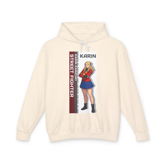 Karin Hoodie | Street Fighter Hoodie | Anime Elegant Fighter Pullover cream hoodie with Karin anime illustration and vertical Street Fighter text