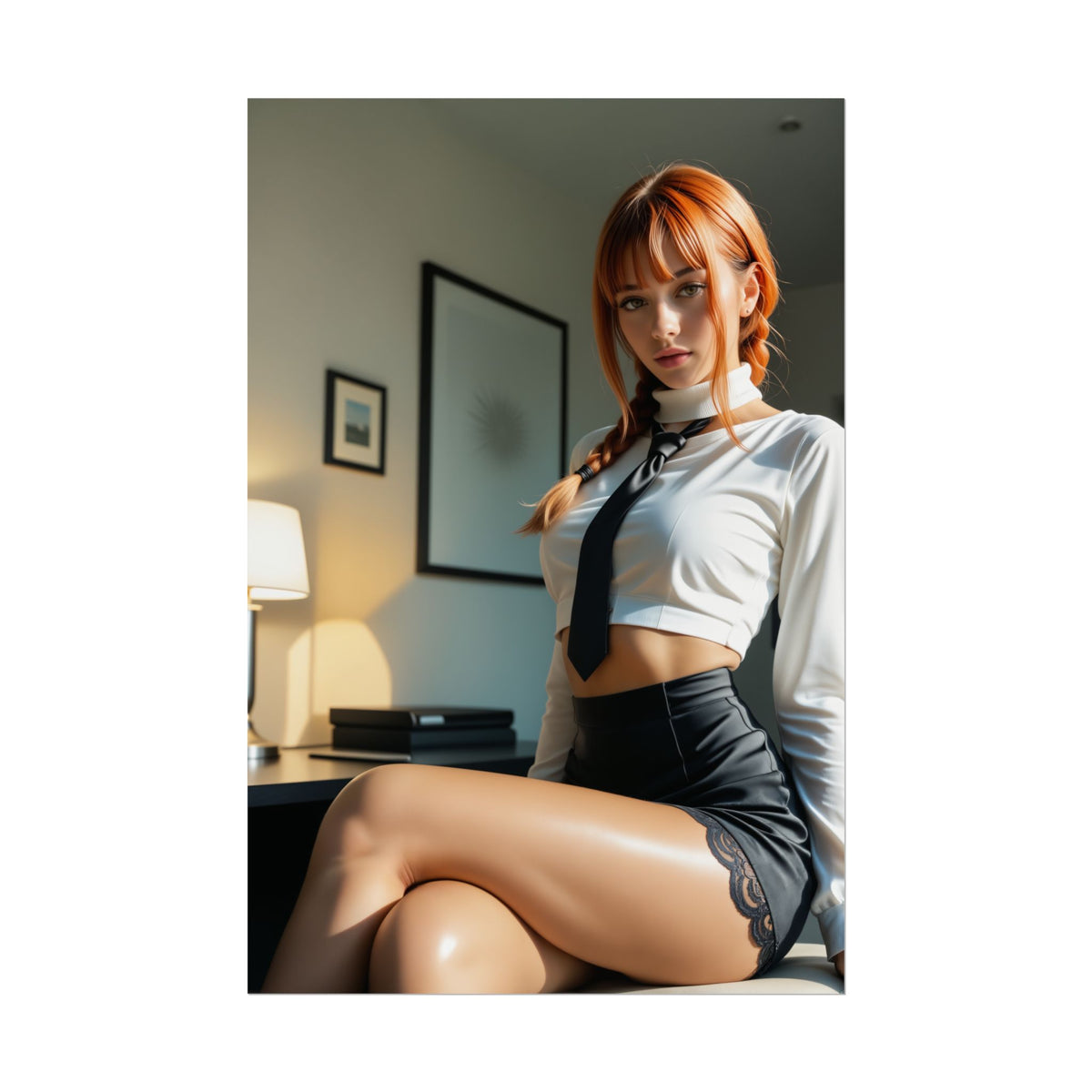 Makima Chainsaw Man Art Print  Anime Villain Heroine Poster for Collectors, styled room display with cosplayer-inspired model and dramatic lighting