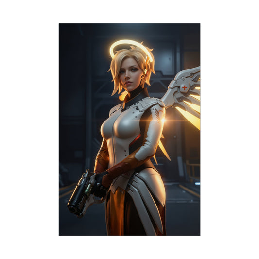 Mercy Poster, Overwatch Art Print – Iconic Support Heroine Wall Art: detailed Mercy character art with glowing halo and healing staff, ideal gaming room decor