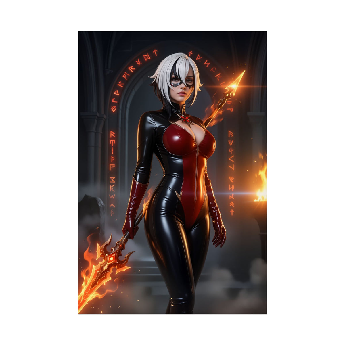 Arlecchino Poster, Genshin Impact Art Print  Iconic Harbinger Heroine featuring dark fantasy heroine in sleek black-red suit with flaming weapon