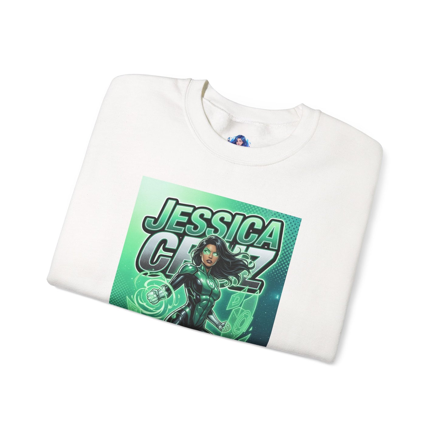 Jessica Cruz Sweatshirt, DC Comics Crewneck, Green Lantern Fan Apparel - white crewneck with glowing Jessica Cruz comic print
