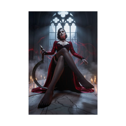 Lady Dimitrescu Poster / Lady Dimitrescu Wall Art / Lady Dimitrescu Art Print / Resident Evil Village Poster - imposing gothic portrait of Lady Dimitrescu seated in candlelit castle