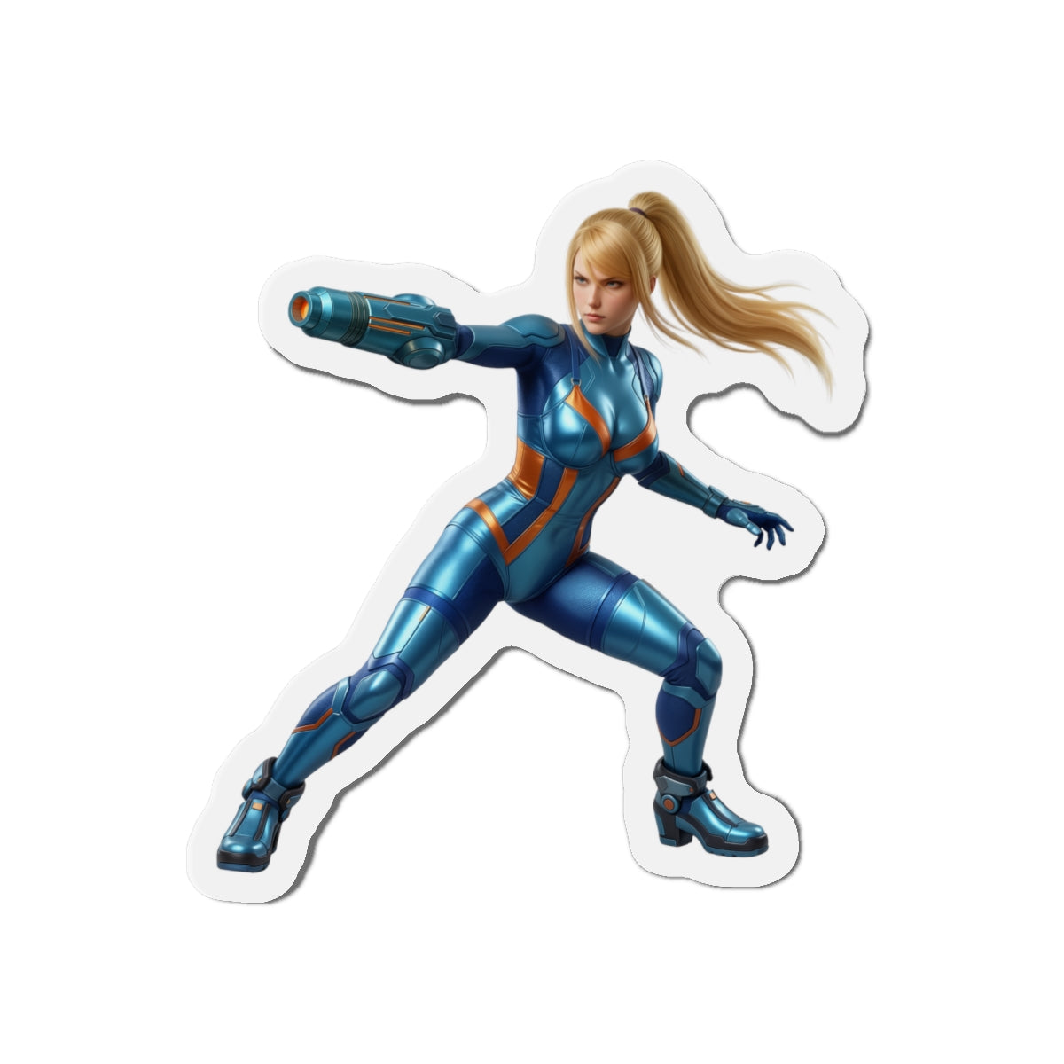Samus Aran Magnet – Classic Sci-Fi Game Character Fridge Magnet, Decor: die-cut vinyl fridge magnet of Samus Aran in blue suit, dynamic action pose, high-res print
