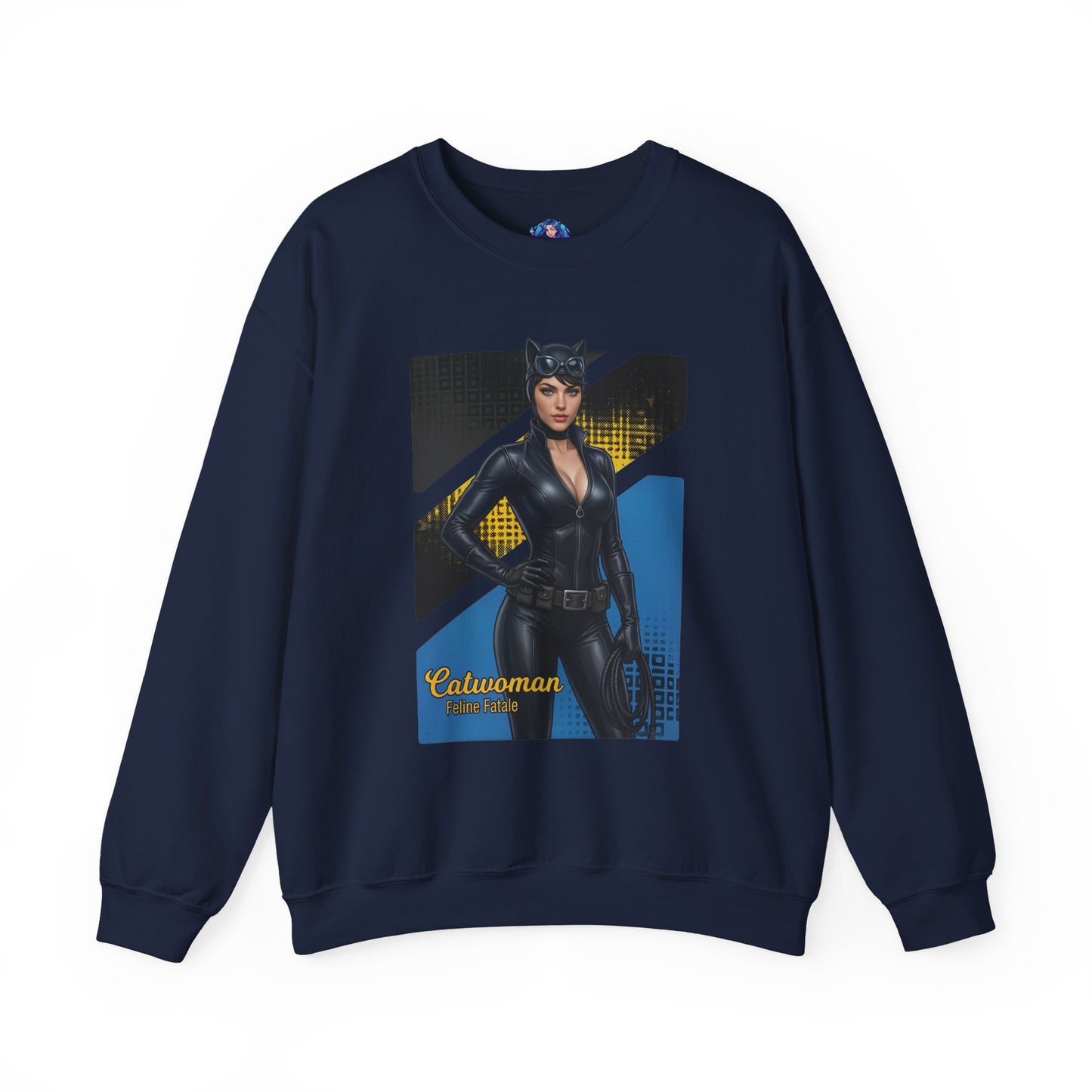 Catwoman Sweatshirt, DC Comics Crewneck, Sleek Superhero Apparel for Fans — navy crewneck with bold Catwoman artwork and sleek black aesthetic