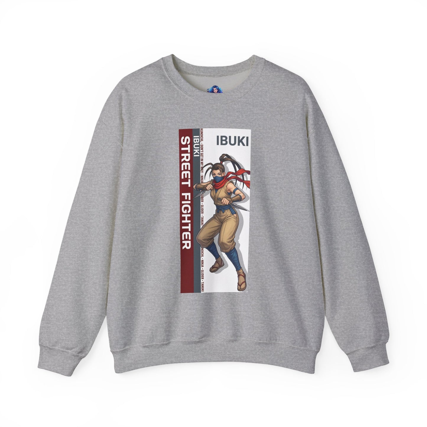 Ibuki Sweatshirt, Street Fighter Crewneck, Agile Ninja Gaming Apparel for Fans — gray crewneck with Ibuki character art and vertical Street Fighter stripe