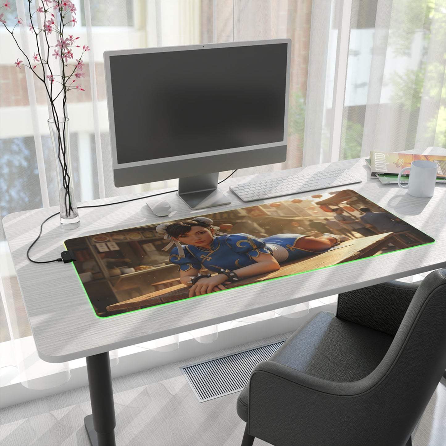 Chun-Li Desk Mat – LED RGB Pad, Waifu Fighter Anime Girl Setup on modern white desk with PC, precision cloth surface and glowing RGB edge