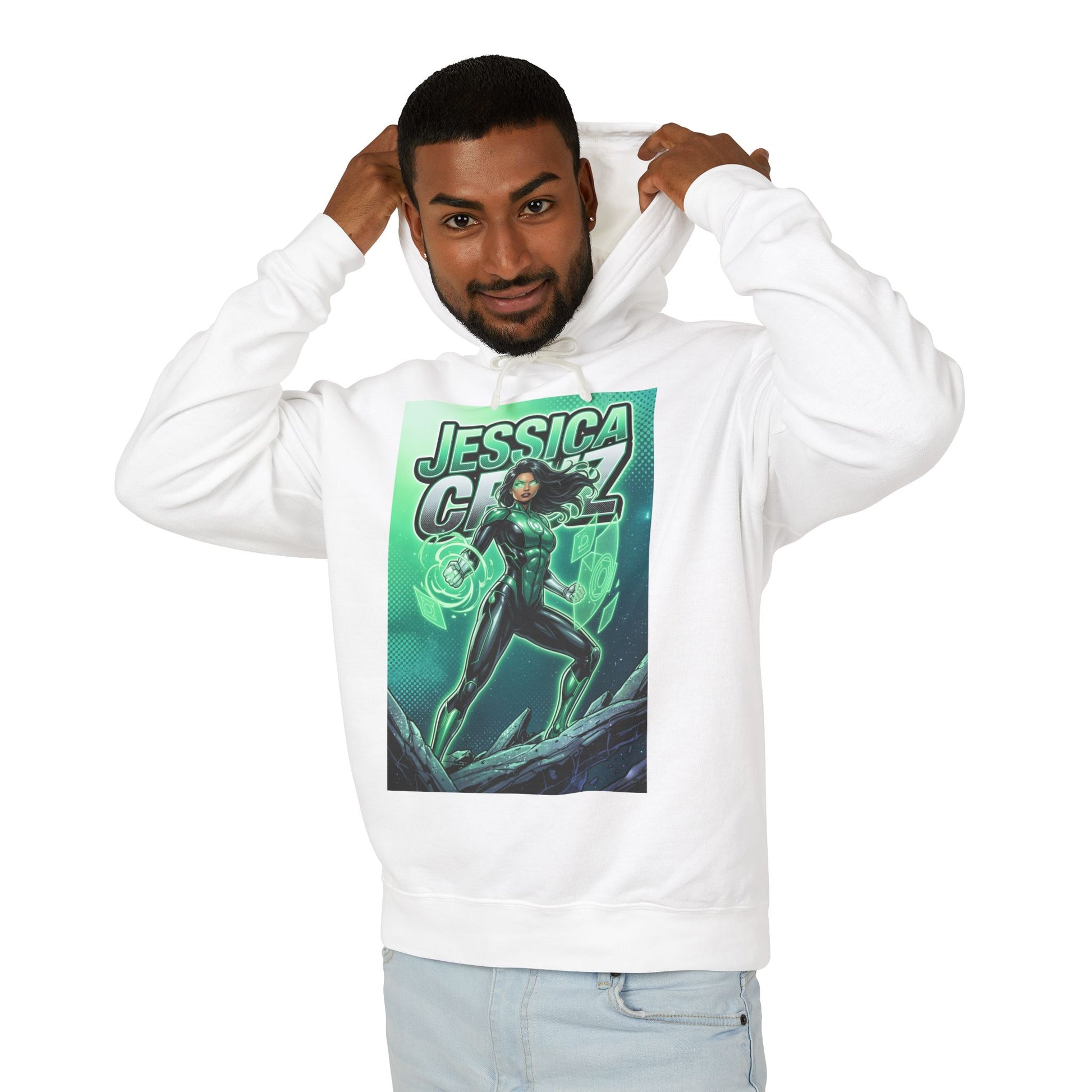 Jessica Cruz Hoodie | Green Lantern Hoodie | DC Superhero Pullover white pullover featuring glowing green Jessica Cruz comic art model wearing hood