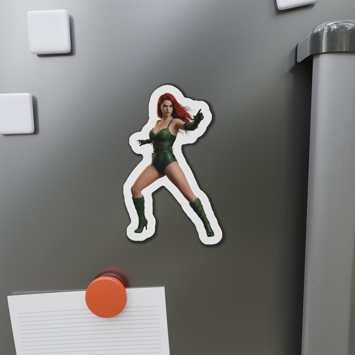 Alt Tag: Poison Ivy Magnet – DC Comic Villain Fridge Magnet, Anime Style Decor vinyl die-cut magnet on gray fridge with note and orange magnet