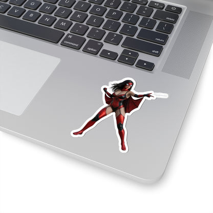 Spider Woman Sticker – Comic Heroine Vinyl Sticker for Laptops & Indoor Decor - glossy red comic-style laptop decal on silver laptop corner