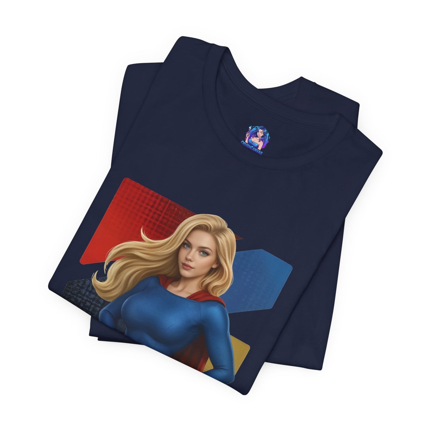 Supergirl T-Shirt | DC Comics Anime Tee for Gamers & Hero Fans folded navy tee with anime-style Supergirl illustration on Bella Canvas 3001