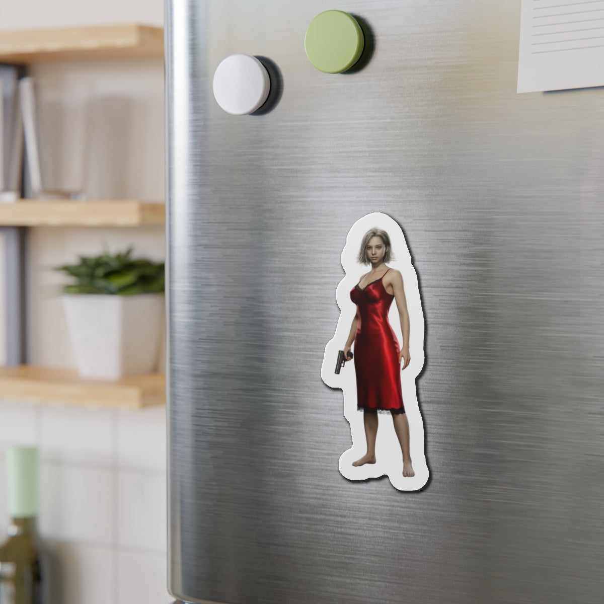 Grace Ashcroft Magnet, Resident Evil Fridge Magnet, Horror Character Gamer Gift - anime-style vinyl magnet of Grace in red dress on stainless steel fridge