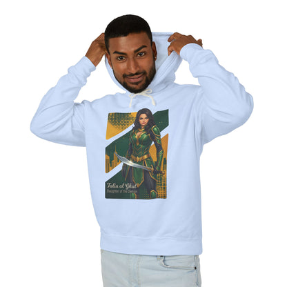 Talia al Ghul Hoodie | DC Comics Hoodie | Anime Assassin Warrior Pullover light blue pullover worn by model featuring Talia al Ghul anime illustration
