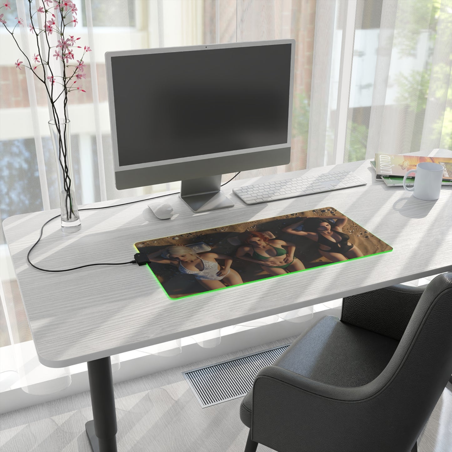 Ciri, Triss Merigold & Yennefer Desk Mat – LED RGB Pad on modern white desk with PC setup and green LED glow