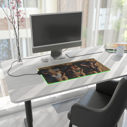Ciri, Triss Merigold & Yennefer Desk Mat – LED RGB Pad on modern white desk with PC setup and green LED glow