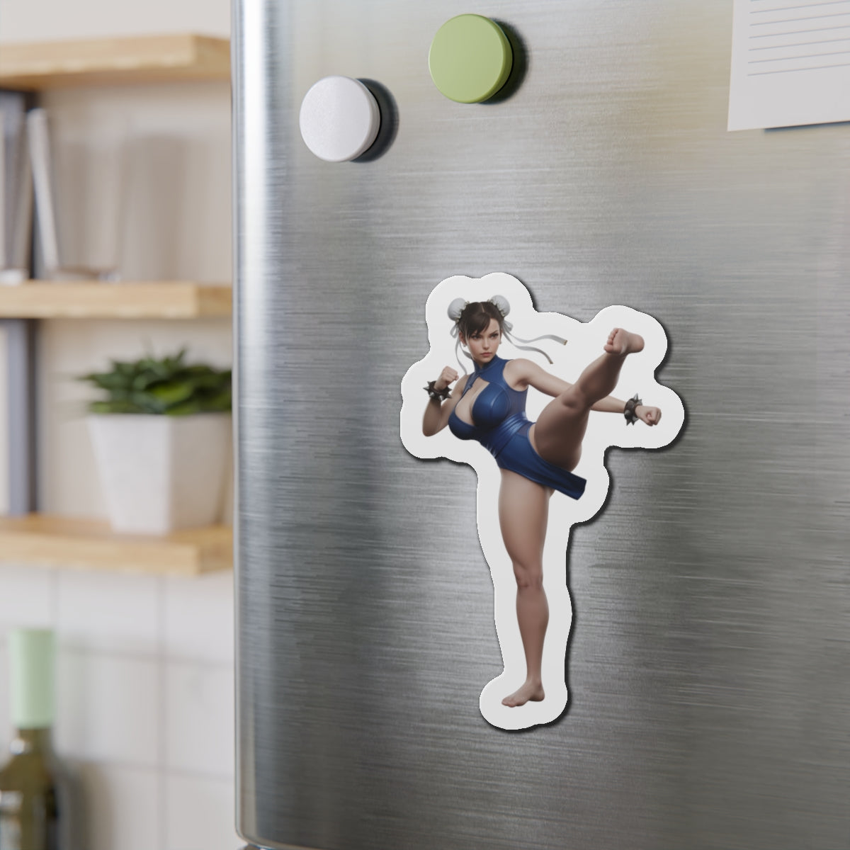 Chun-Li Magnet – Street Fighter Character Fridge Magnet, Anime Game Decor on stainless fridge showing die-cut vinyl Chun-Li kicking pose