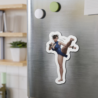 Chun-Li Magnet – Street Fighter Character Fridge Magnet, Anime Game Decor on stainless fridge showing die-cut vinyl Chun-Li kicking pose