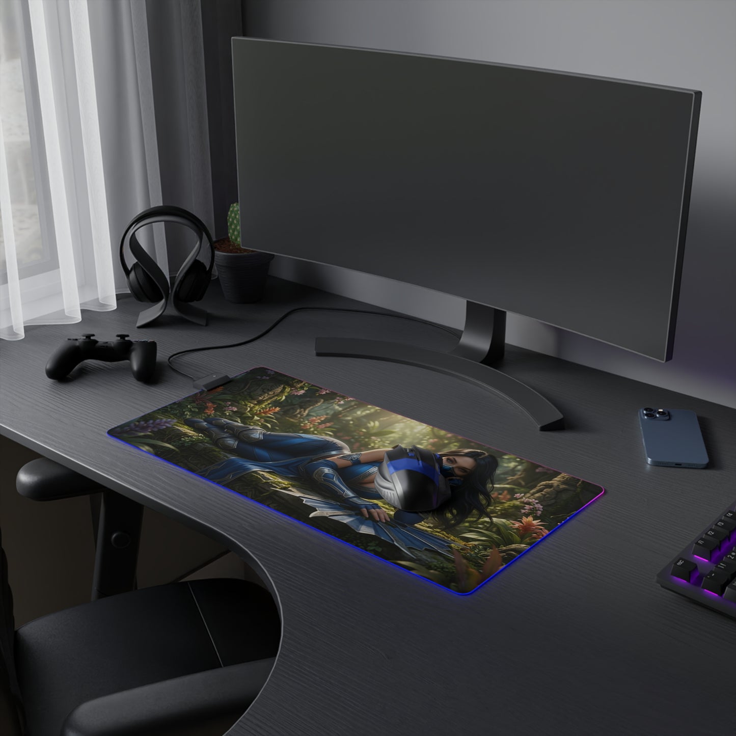 Kitana Desk Mat – LED RGB Pad, Waifu Fighter Anime Girl Setup on gaming desk with headset, controller, curved monitor and RGB edge (smooth precision-cloth)