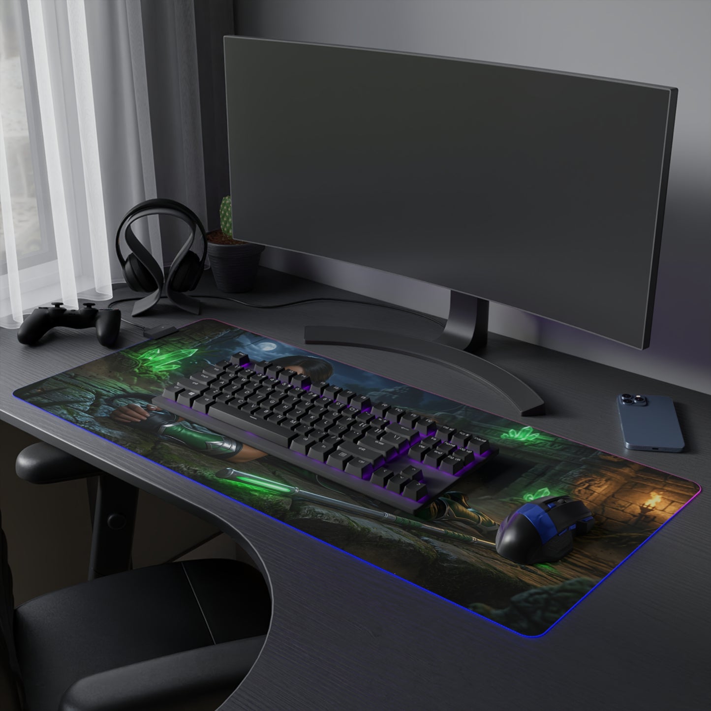 Jade Desk Mat – LED RGB Pad, Waifu Fighter Anime Girl Setup on dark gaming desk with keyboard, mouse and glowing RGB border