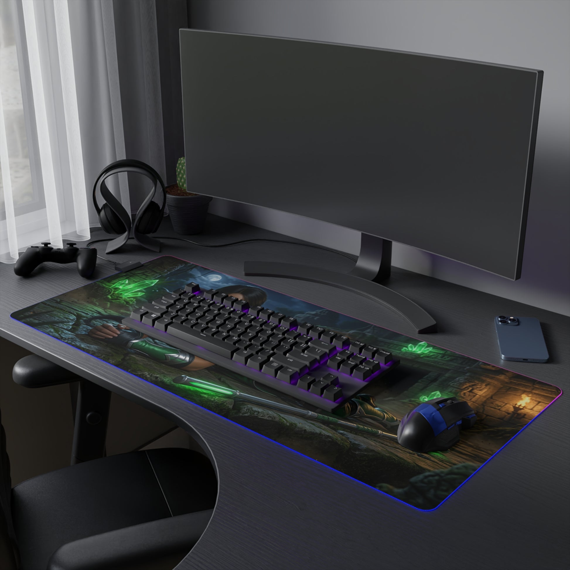 Jade Desk Mat – LED RGB Pad, Waifu Fighter Anime Girl Setup on dark gaming desk with keyboard, mouse and glowing RGB border