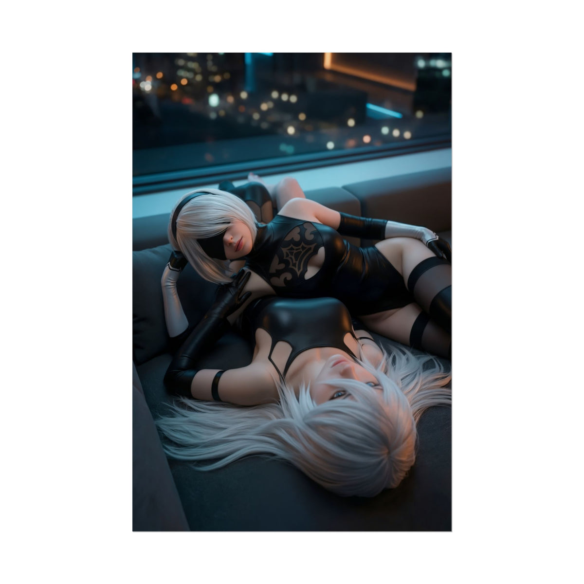 2B and A2 Poster, NieR Automata Art Print  Action RPG Duo for Gamers, moody photo of two androids lounging in city-night gamer room