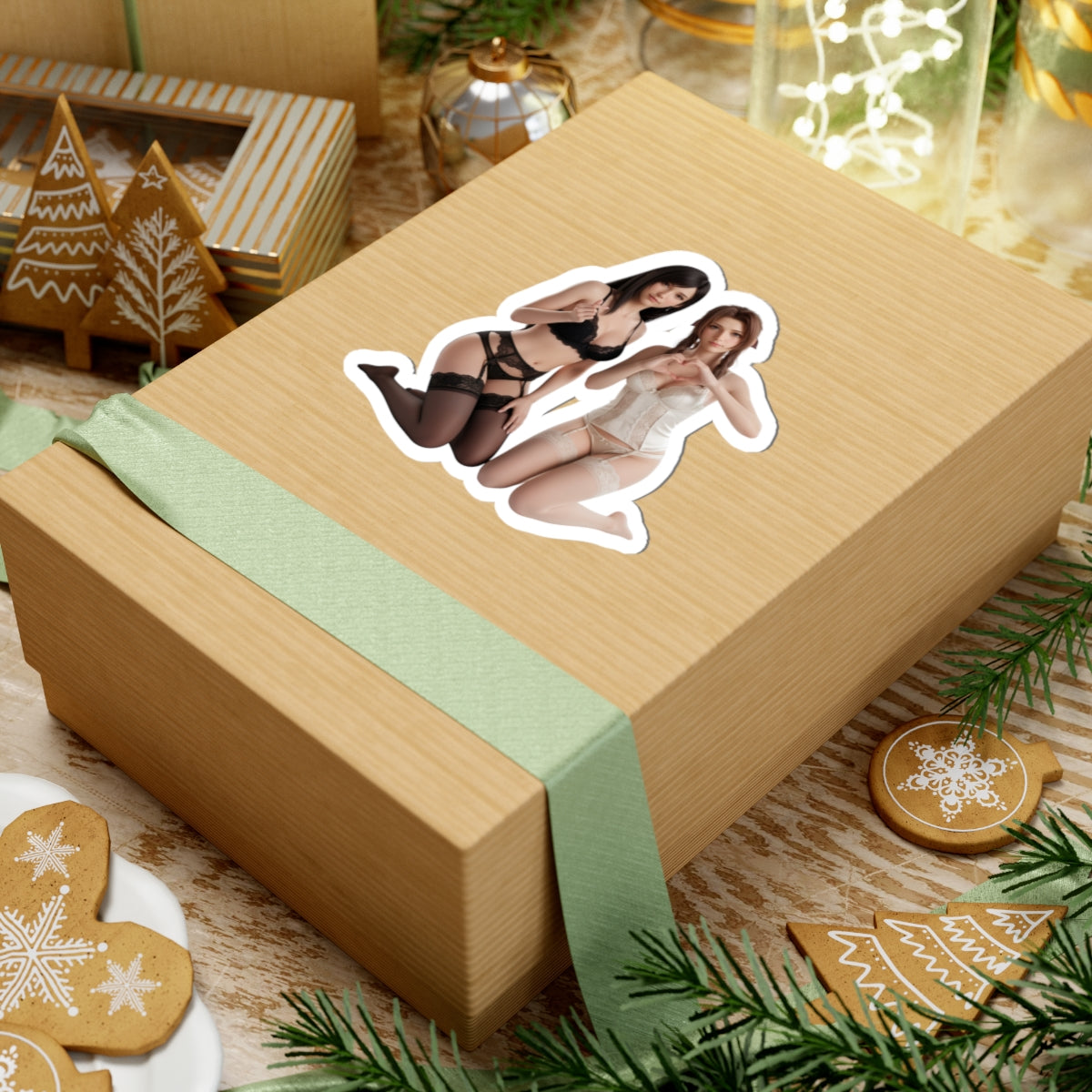 Tifa and Aerith Sticker – Fantasy Game Vinyl Sticker for Laptops & Indoor Decor on a gift box showing glossy vinyl, crisp detail, and strong adhesive