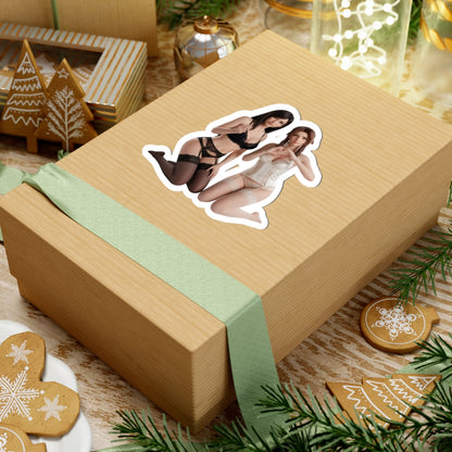 Tifa and Aerith Sticker – Fantasy Game Vinyl Sticker for Laptops & Indoor Decor on a gift box showing glossy vinyl, crisp detail, and strong adhesive