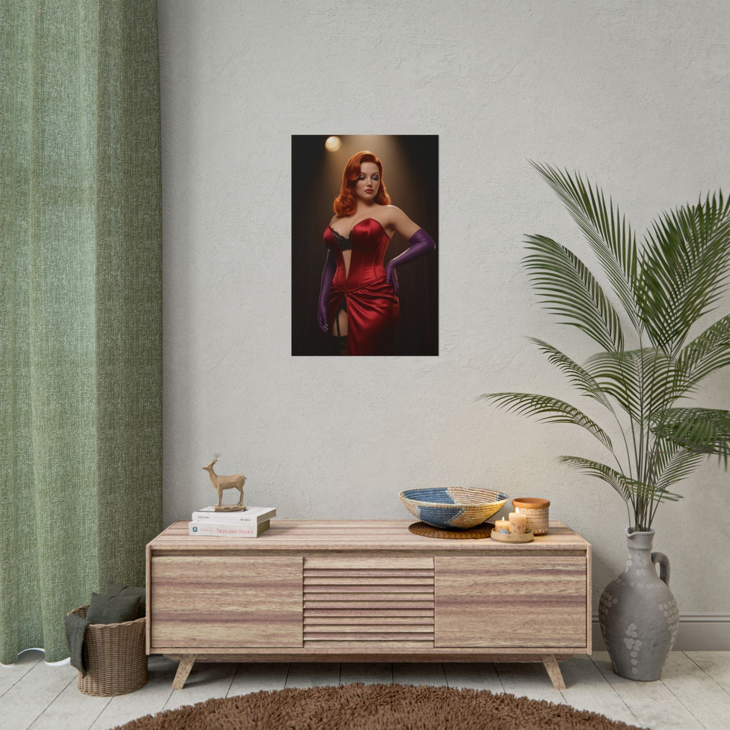 Jessica Rabbit Poster, Classic Animation Art Print – Vintage Wall Decor centered on modern living room wall above console, retro glamour art print