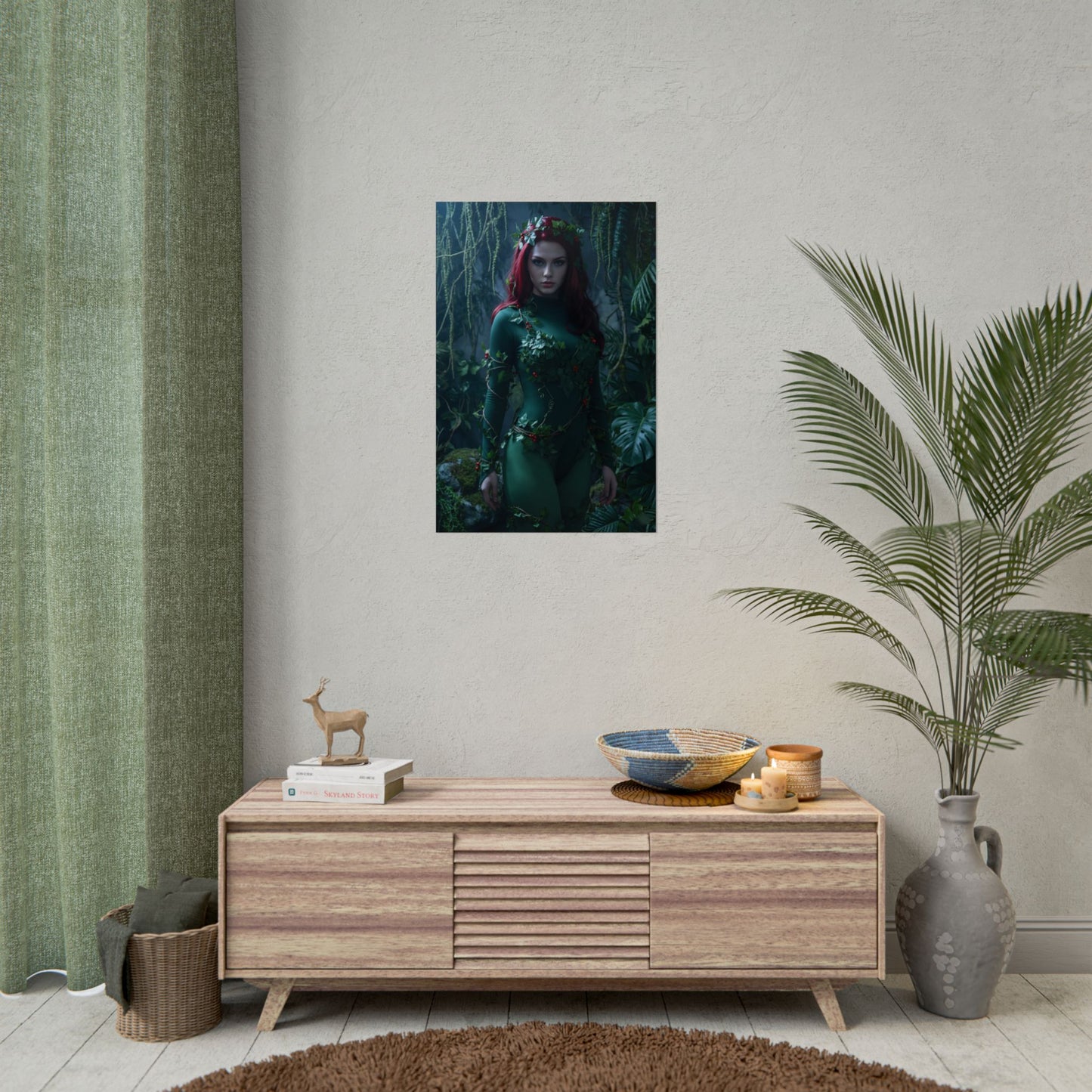 Poison Ivy Poster, DC Art Print – Iconic Comic Villain Heroine Wall Art: vivid green-themed poster of Poison Ivy in jungle setting
