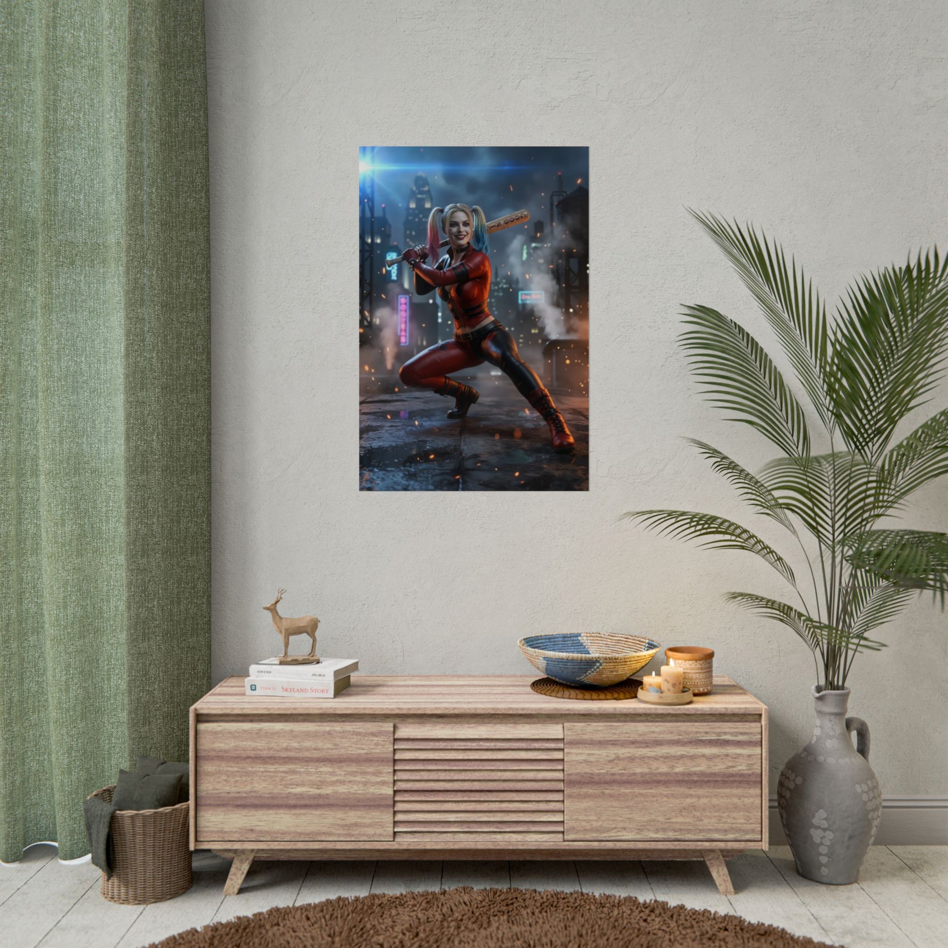 Harley Quinn Poster, DC Comics Art Print – Classic Comic Wall Decor showing dynamic Harley Quinn in an urban night scene perfect for gaming or streaming rooms