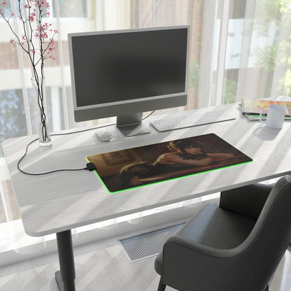 Yor Forger Desk Mat – LED RGB Pad, Waifu Anime Girl Gaming Setup on modern white desk with monitor and keyboard