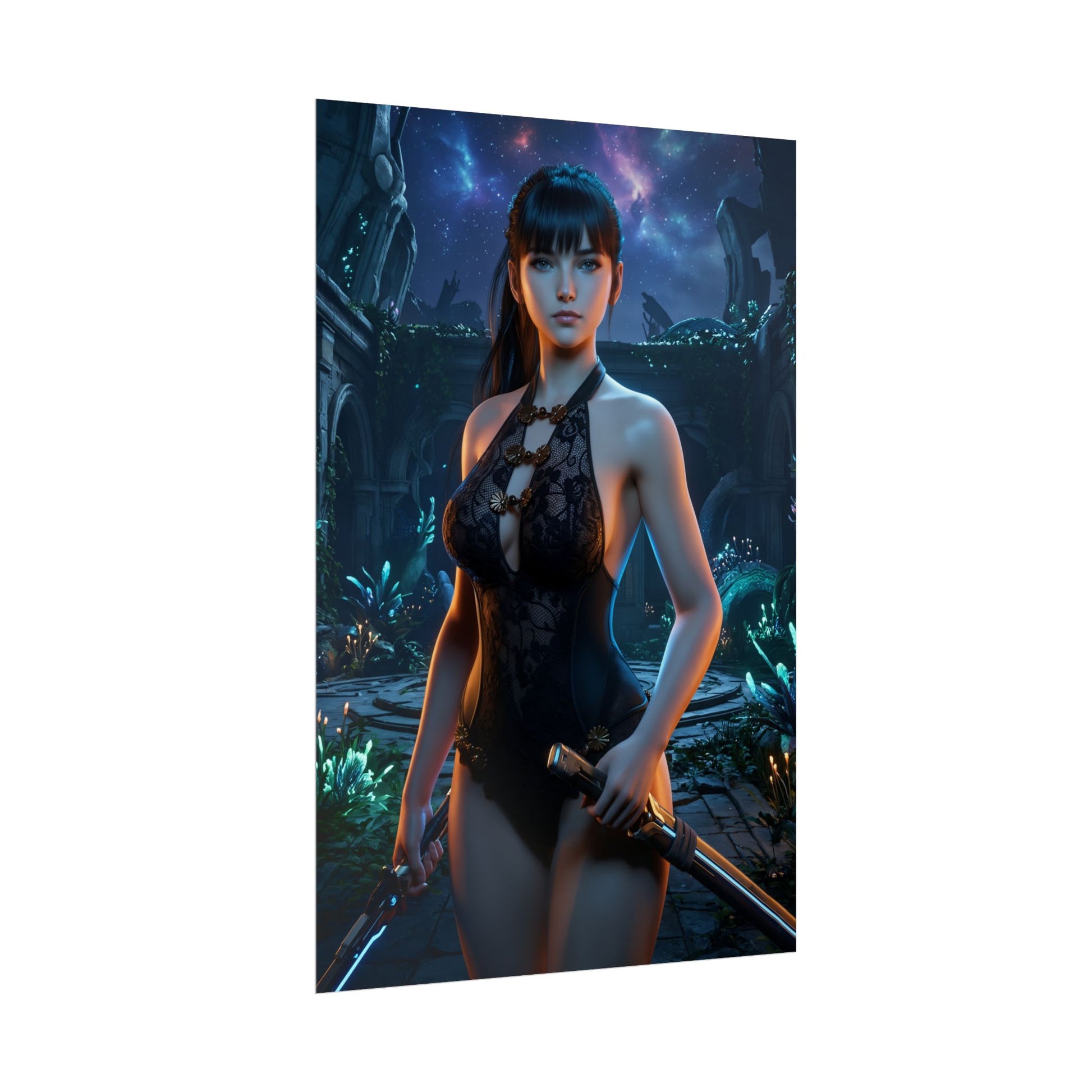 EVE Poster, Stellar Blade Art Print, Iconic Sci-Fi Action Hero — female warrior in futuristic ruins holding sword, sleek sci‑fi aesthetic